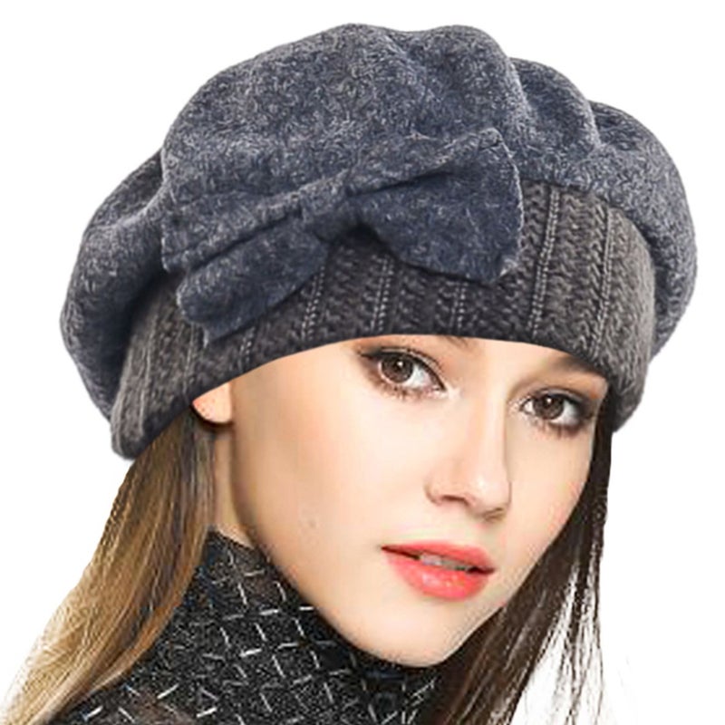 VECRY Lady French Beret 100% Wool Beret Floral Dress Beanie Winter Hat (Bow-Grey) - Image 1
